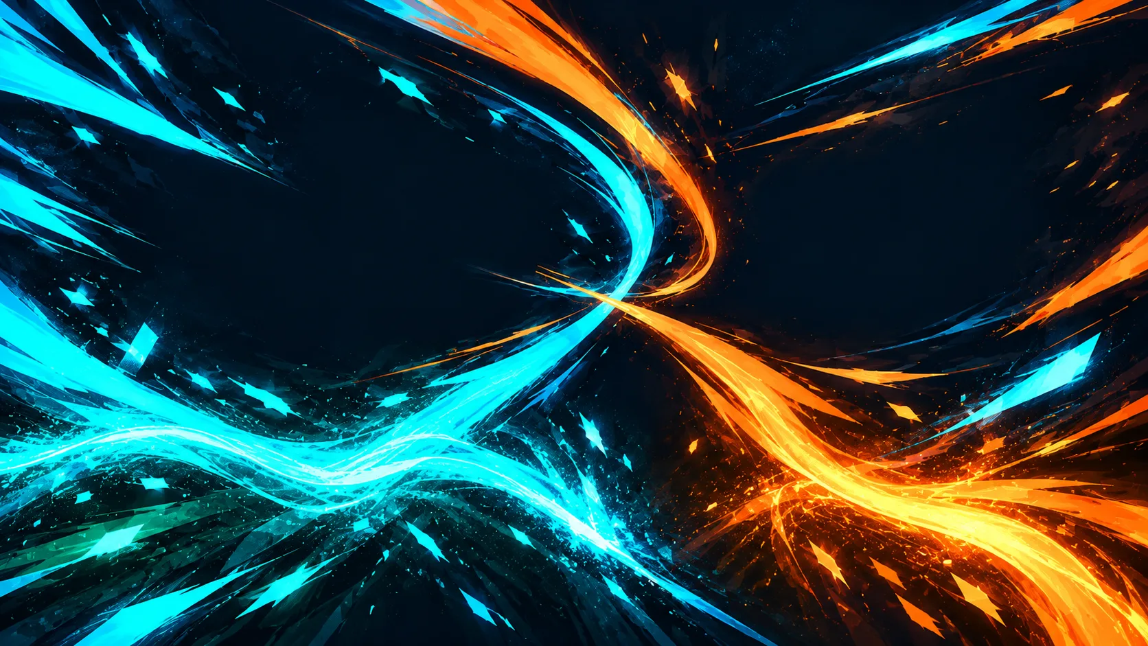 Two streams of energy, cyan plasma and orange fire, crossing in the dark