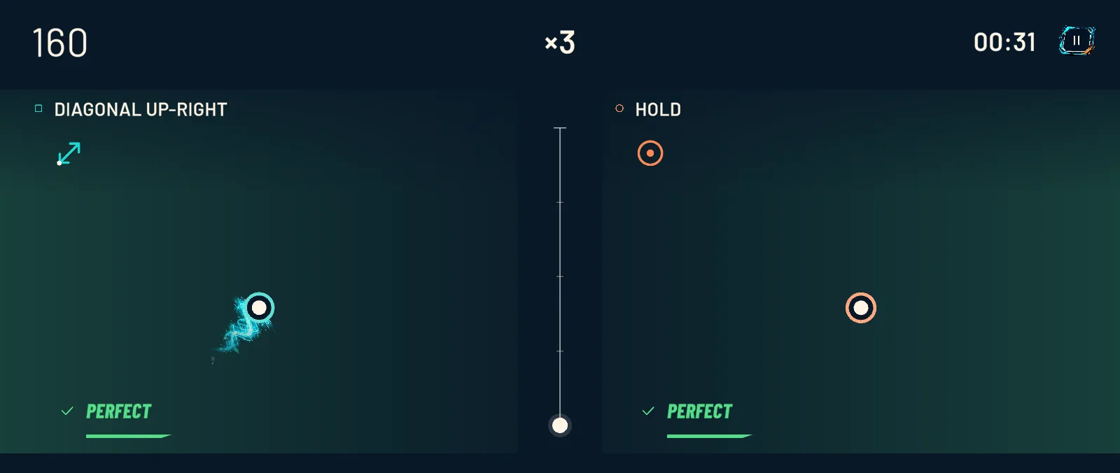 An EASY level: the left finger draws a diagonal up-right while the right finger holds still