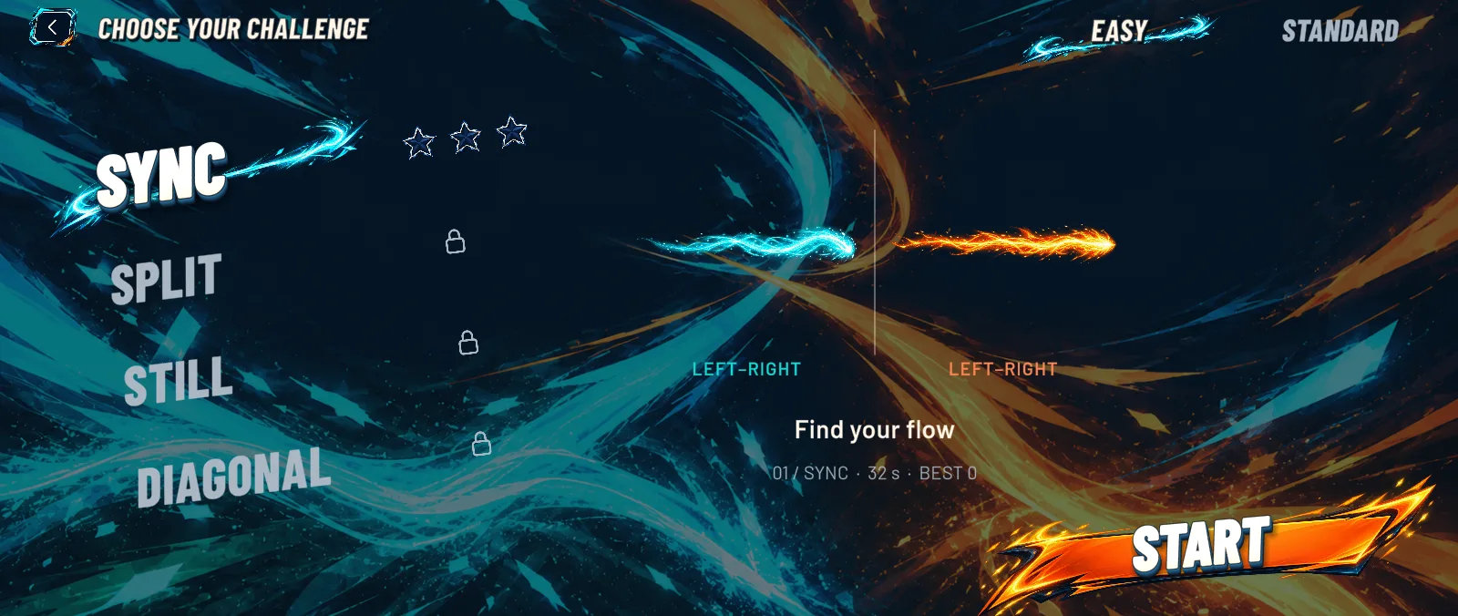The challenge selection screen with the EASY and STANDARD tabs and the SYNC, SPLIT, STILL and DIAGONAL chapters