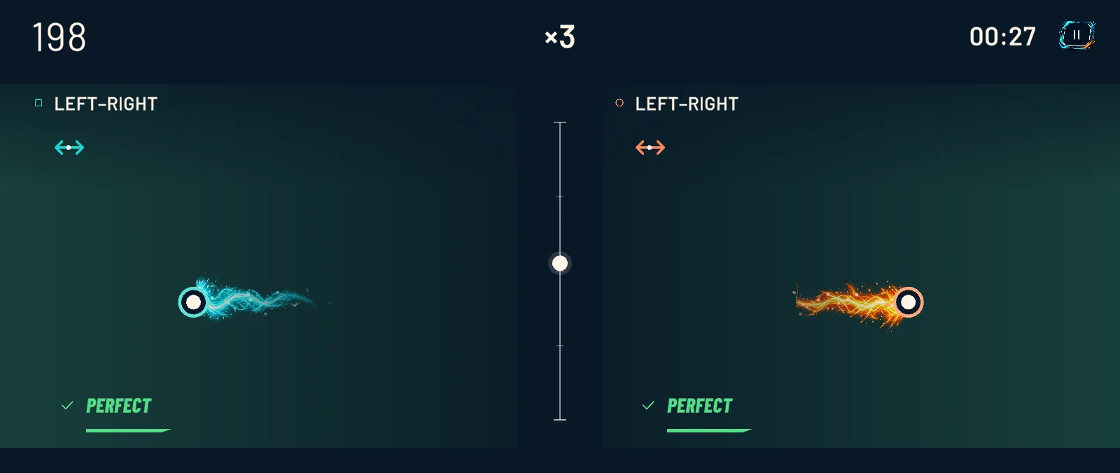 A level in progress: the left finger leaves a cyan plasma trail, the right one an orange fire trail, with the shared pace in the middle