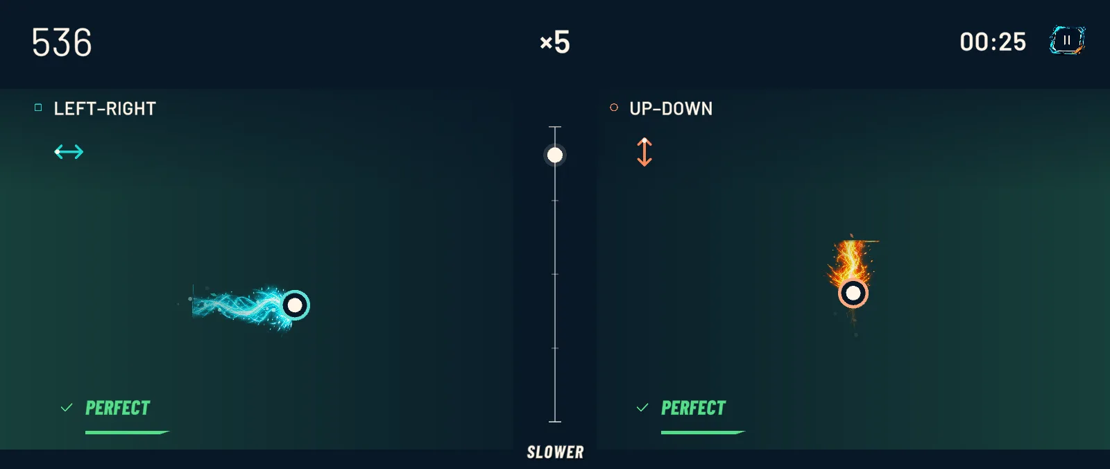 A pace change: SLOWER appears under the shared pace while both fingers keep moving